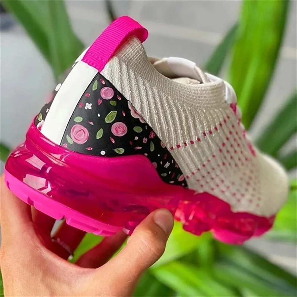 2023 New Sneakers Women Spring Fashion Knitted Fabric Floral Lace Up Ladies Casual Shoes Larged-Size Flats Running Sport