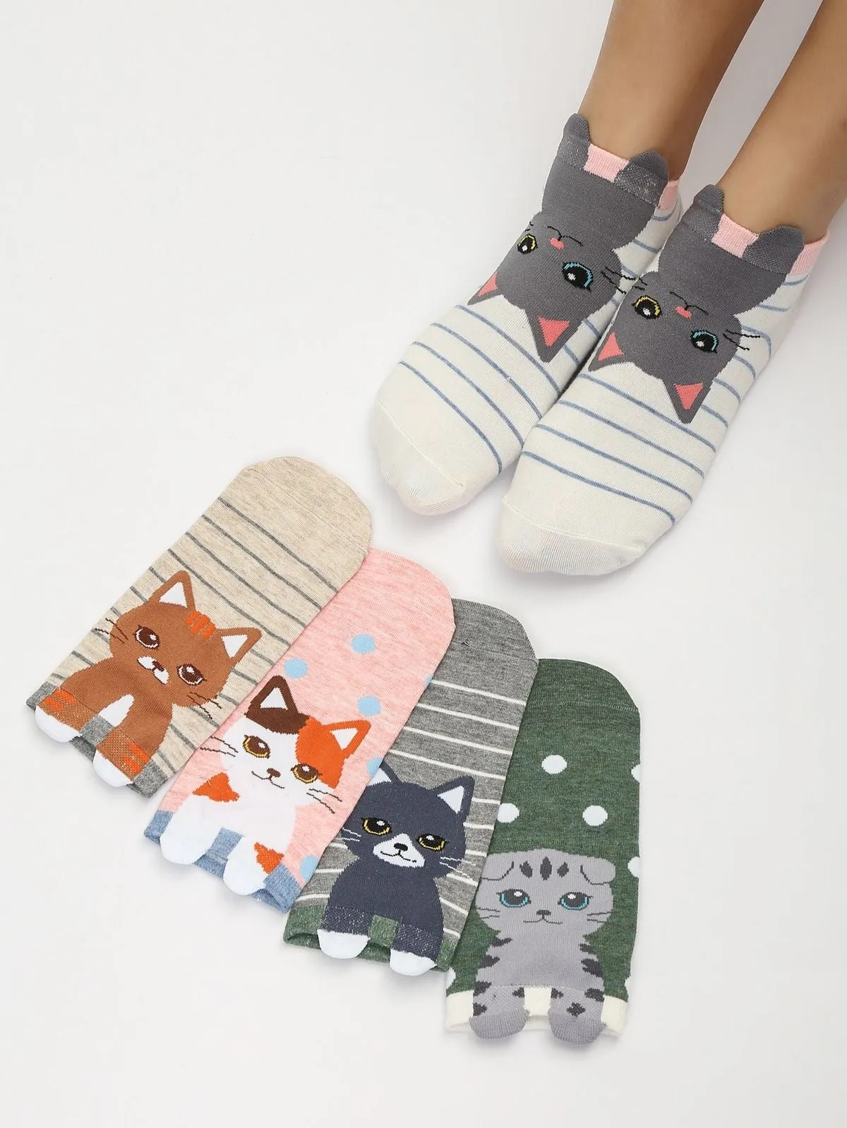 5 Pairs 3D Cartoon Cat Dog Socks Women Girls Anklet Socks Breathable Casual Sox Short Sock