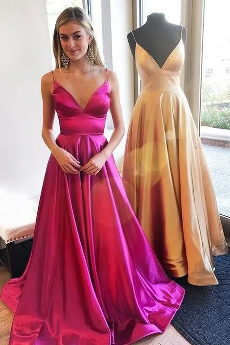 A-line Fuchsia Prom Gown with Spaghetti Straps,Back Open Evening Gown