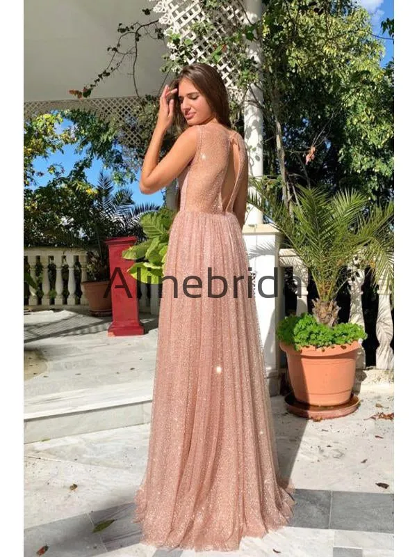 A-Line Stunning Sequin Open Back Sexy Evening Elegant Prom Dresses PD1004