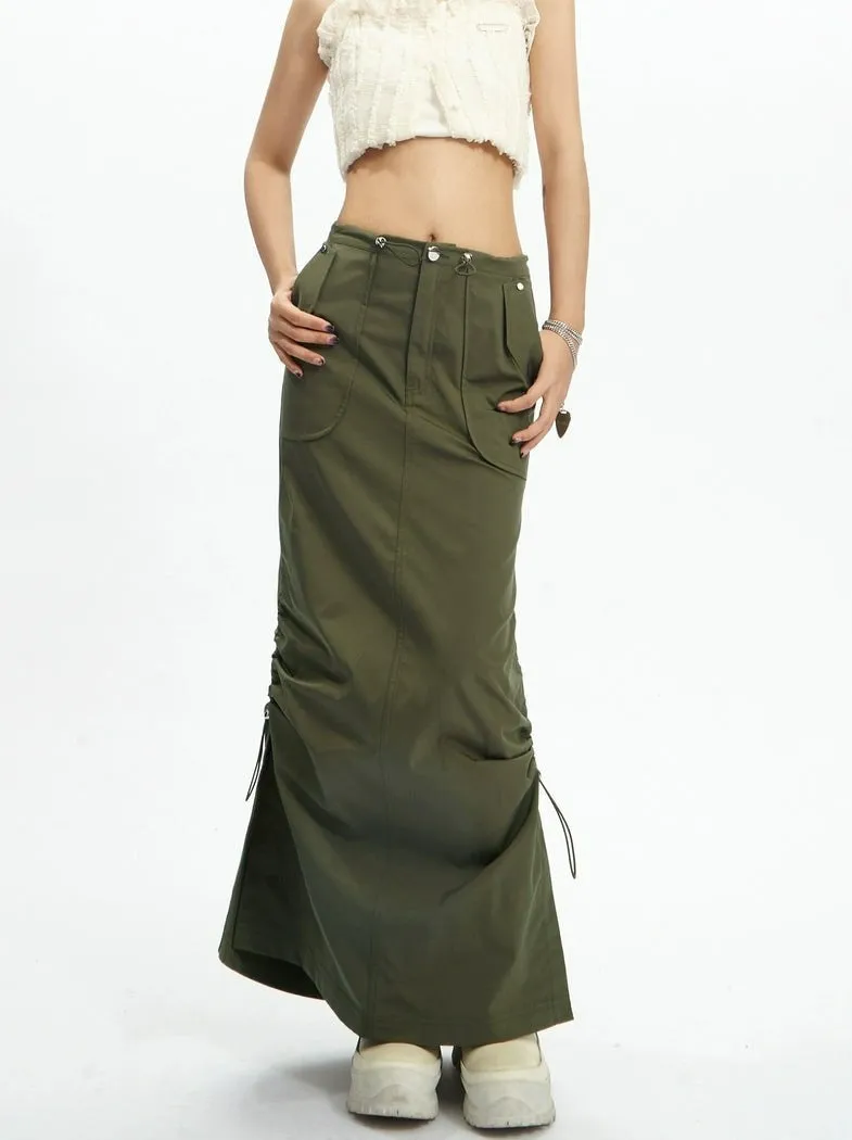 Adjustable Drawstring Midi Cargo Skirt