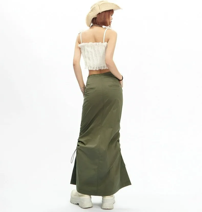 Adjustable Drawstring Midi Cargo Skirt