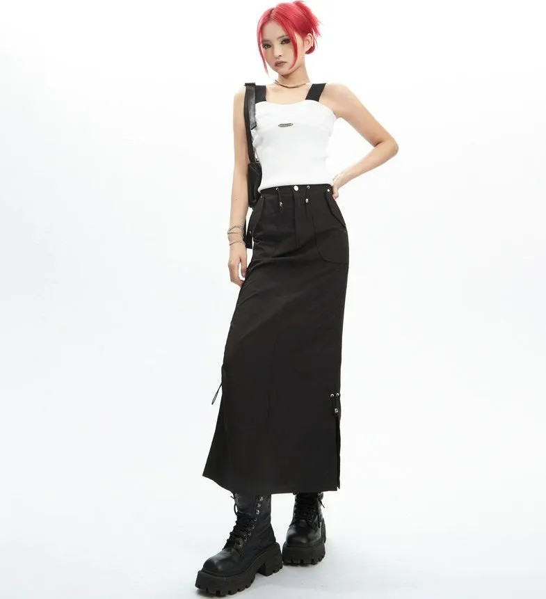 Adjustable Drawstring Midi Cargo Skirt