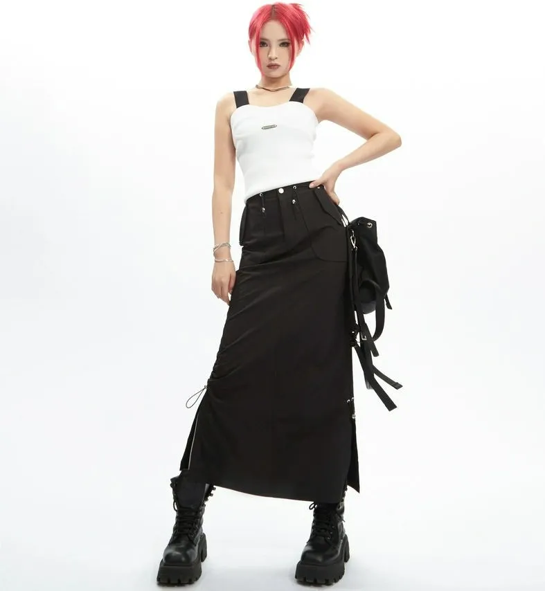 Adjustable Drawstring Midi Cargo Skirt