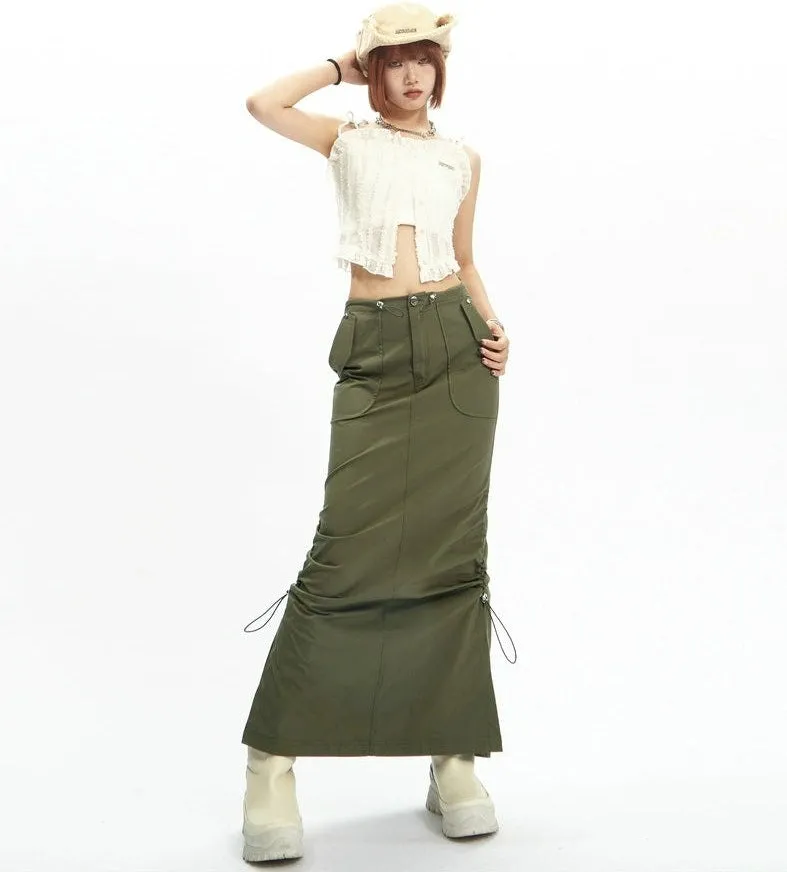 Adjustable Drawstring Midi Cargo Skirt