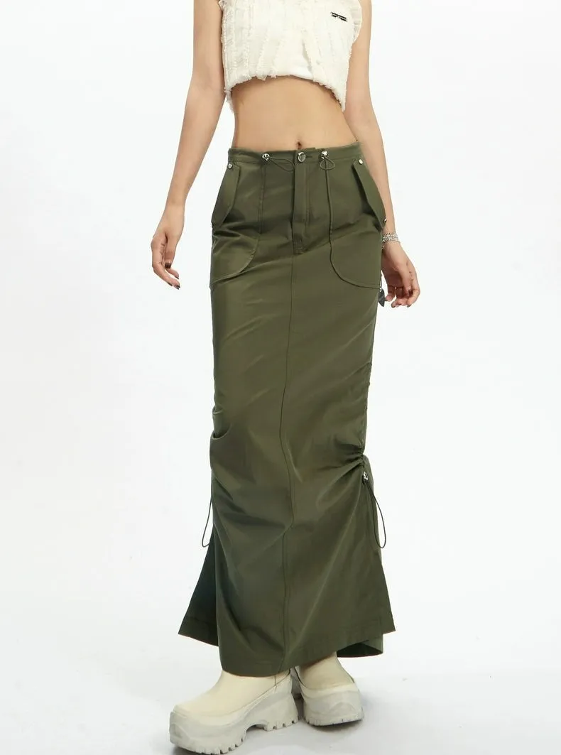 Adjustable Drawstring Midi Cargo Skirt