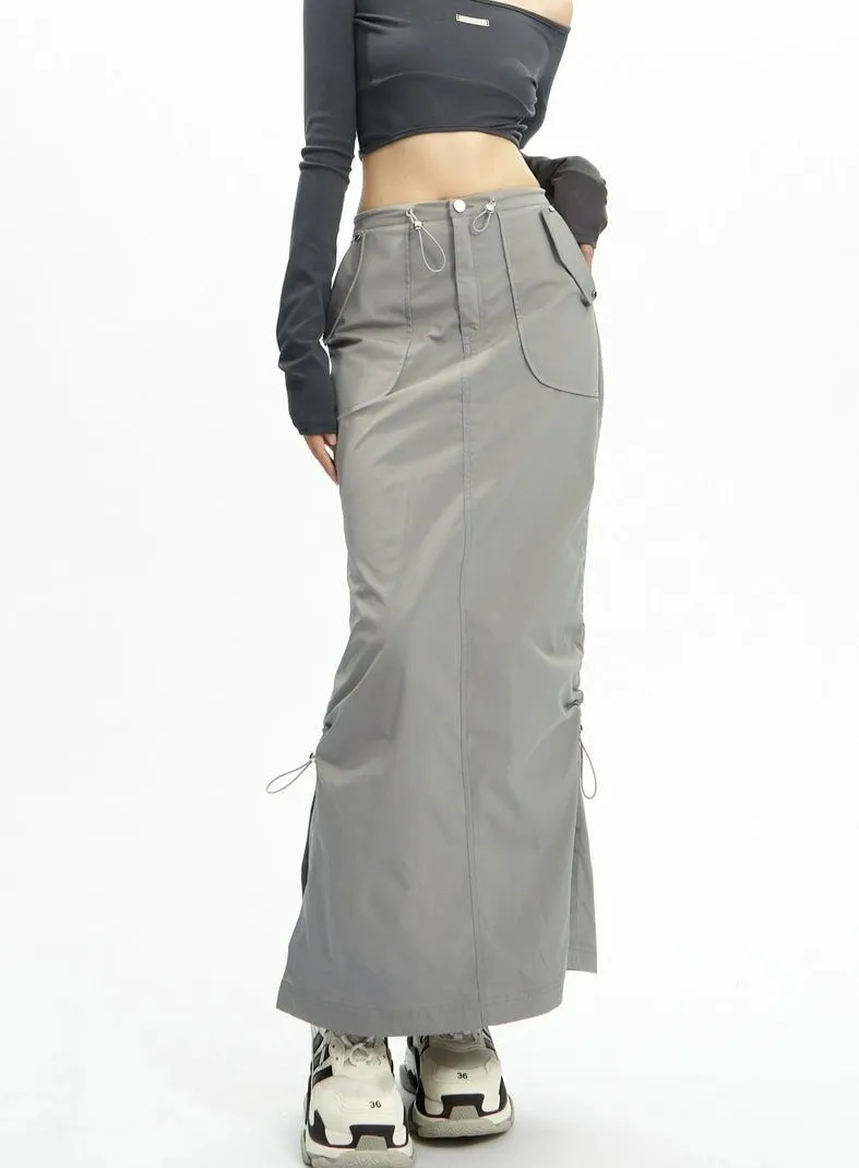 Adjustable Drawstring Midi Cargo Skirt