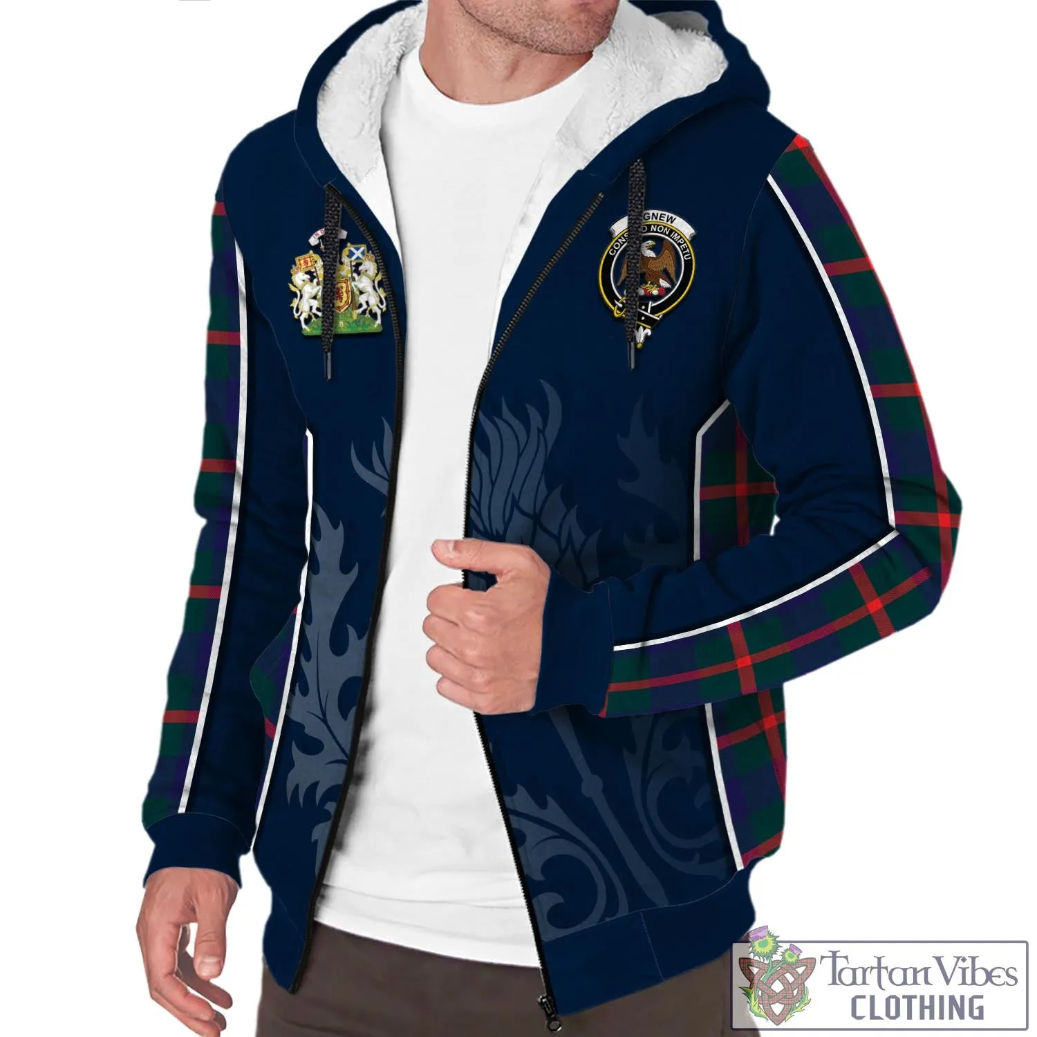 Agnew Tartan Sherpa Hoodie with Family Crest and Scottish Thistle Vibes Sport Style