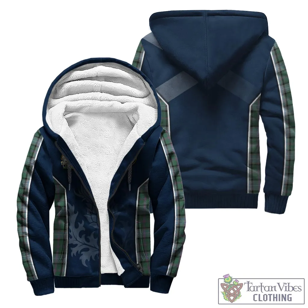 Alexander of Menstry Hunting Tartan Sherpa Hoodie with Family Crest and Scottish Thistle Vibes Sport Style