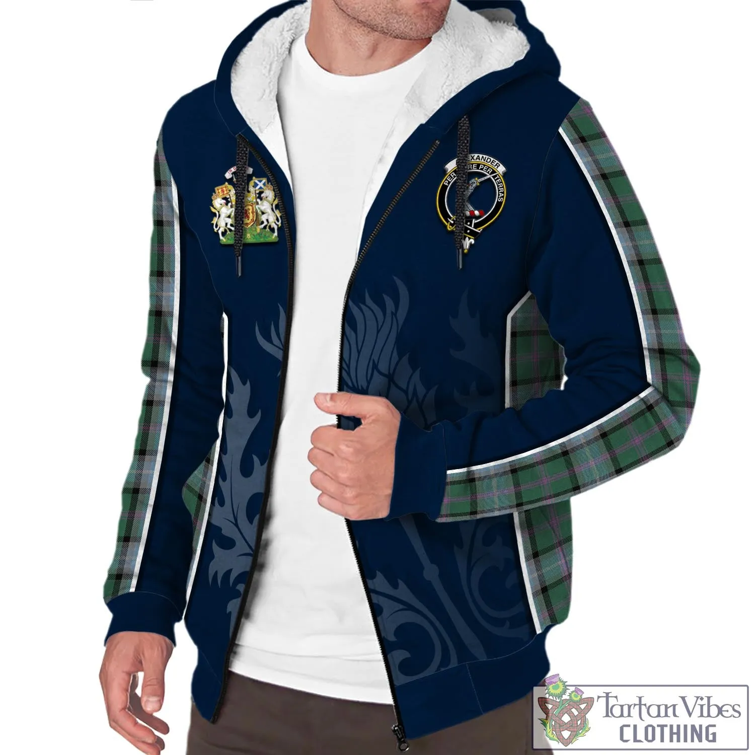 Alexander of Menstry Hunting Tartan Sherpa Hoodie with Family Crest and Scottish Thistle Vibes Sport Style