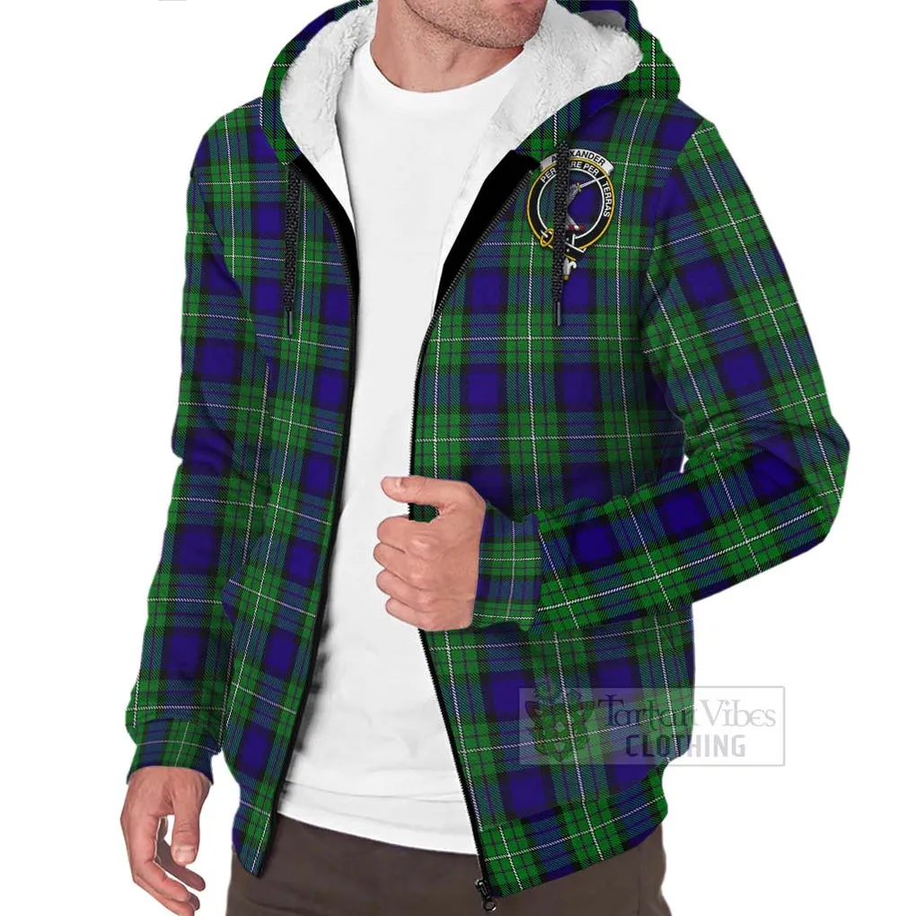 Alexander Tartan Sherpa Hoodie with Family Crest and Bearded Skull Holding Bottles of Whiskey