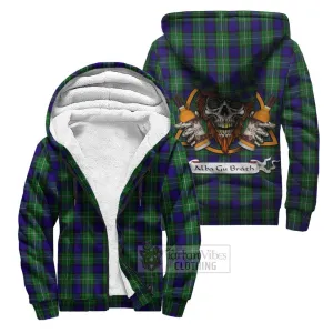 Alexander Tartan Sherpa Hoodie with Family Crest and Bearded Skull Holding Bottles of Whiskey