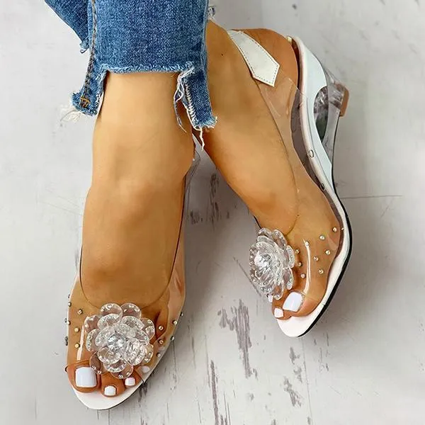 Amozae Studded Flower Design Transparent Wedge Sandals