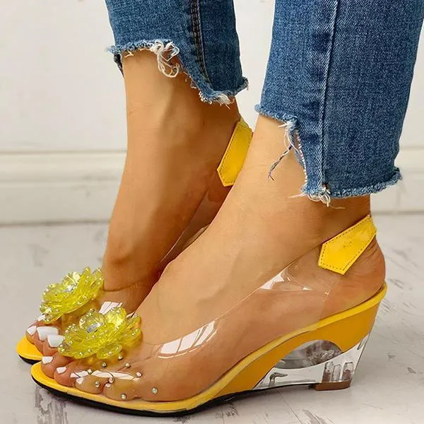 Amozae Studded Flower Design Transparent Wedge Sandals