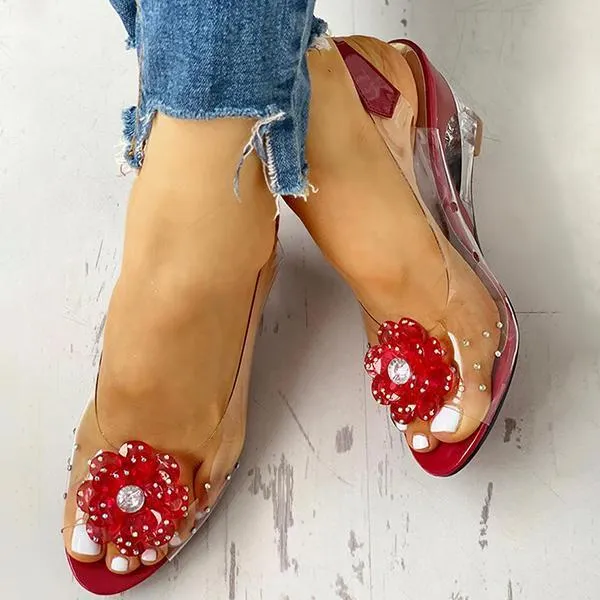 Amozae Studded Flower Design Transparent Wedge Sandals