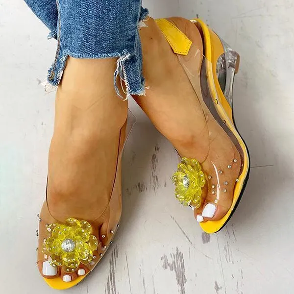 Amozae Studded Flower Design Transparent Wedge Sandals