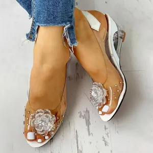 Amozae Studded Flower Design Transparent Wedge Sandals