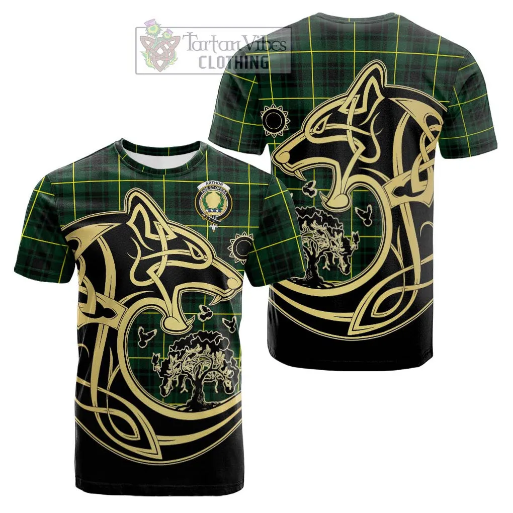 Arthur Modern Tartan Cotton T-shirt with Family Crest Celtic Wolf Style