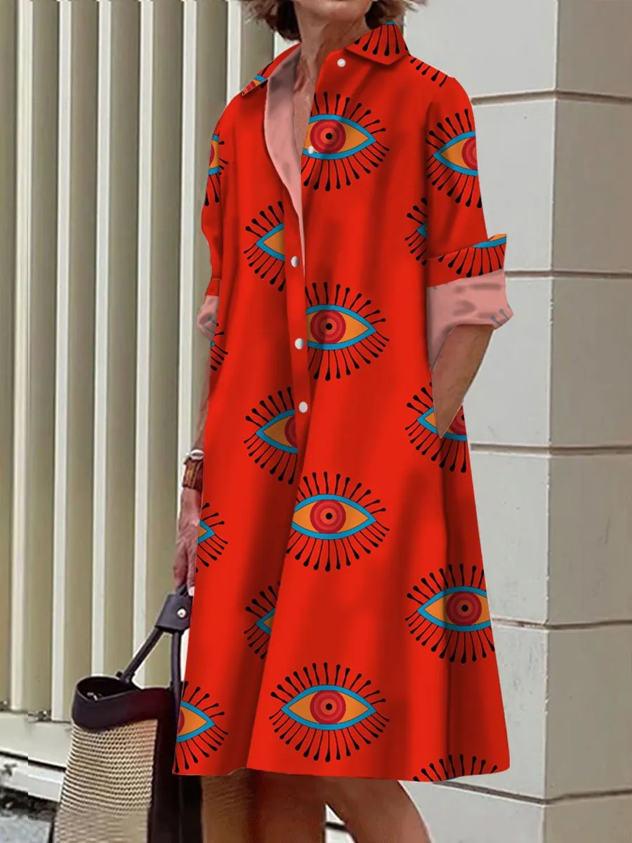 Artistic Eyes Printed Casual Loose Long Sleeve Shirt Dress