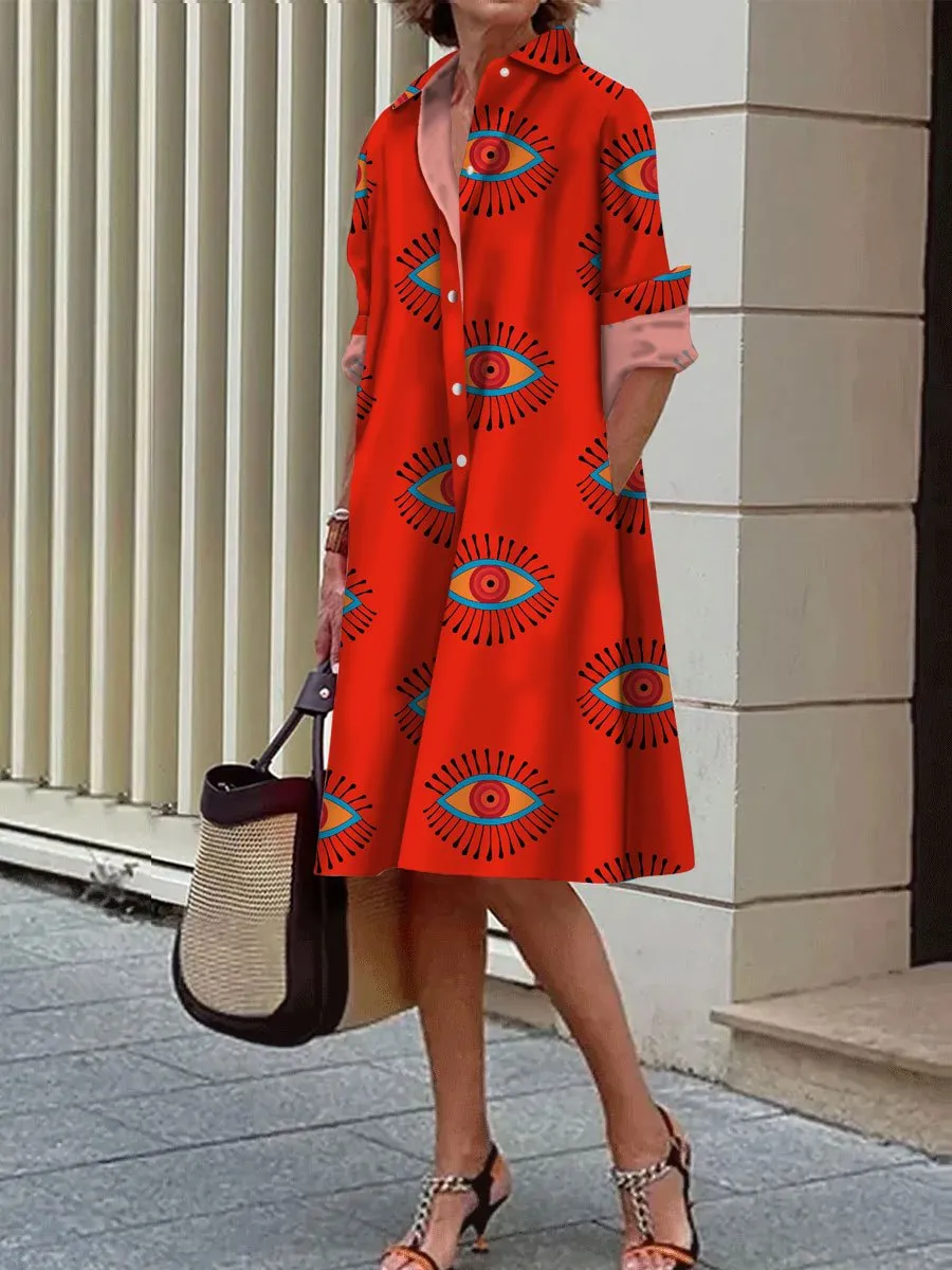 Artistic Eyes Printed Casual Loose Long Sleeve Shirt Dress