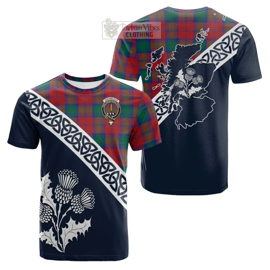 Auchinleck (Affleck) Tartan Cotton T-shirt Featuring Thistle and Scotland Map