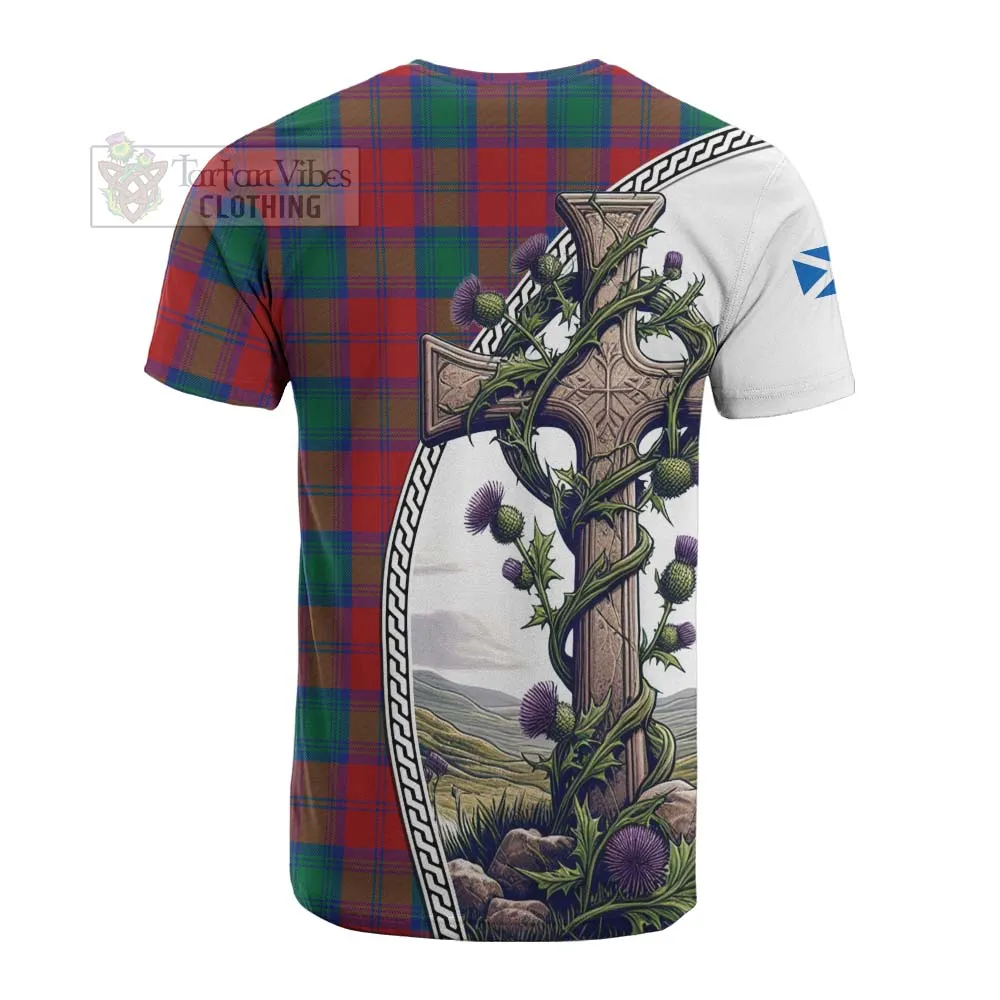 Auchinleck (Affleck) Tartan Cotton T-shirt with Family Crest and St. Andrew's Cross Accented by Thistle Vines