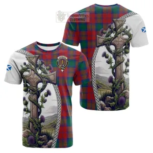 Auchinleck (Affleck) Tartan Cotton T-shirt with Family Crest and St. Andrew's Cross Accented by Thistle Vines