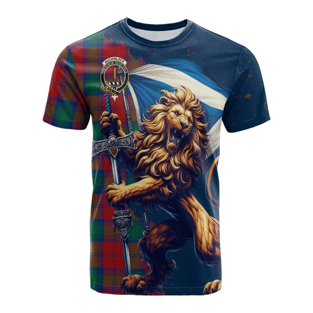 Auchinleck (Affleck) Tartan Family Crest Cotton T-shirt with Scottish Majestic Lion