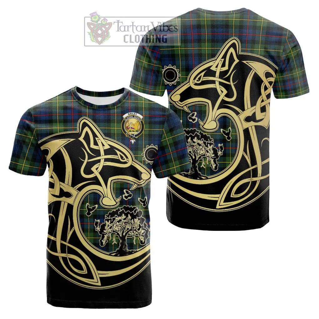 Bailey Modern Tartan Cotton T-shirt with Family Crest Celtic Wolf Style