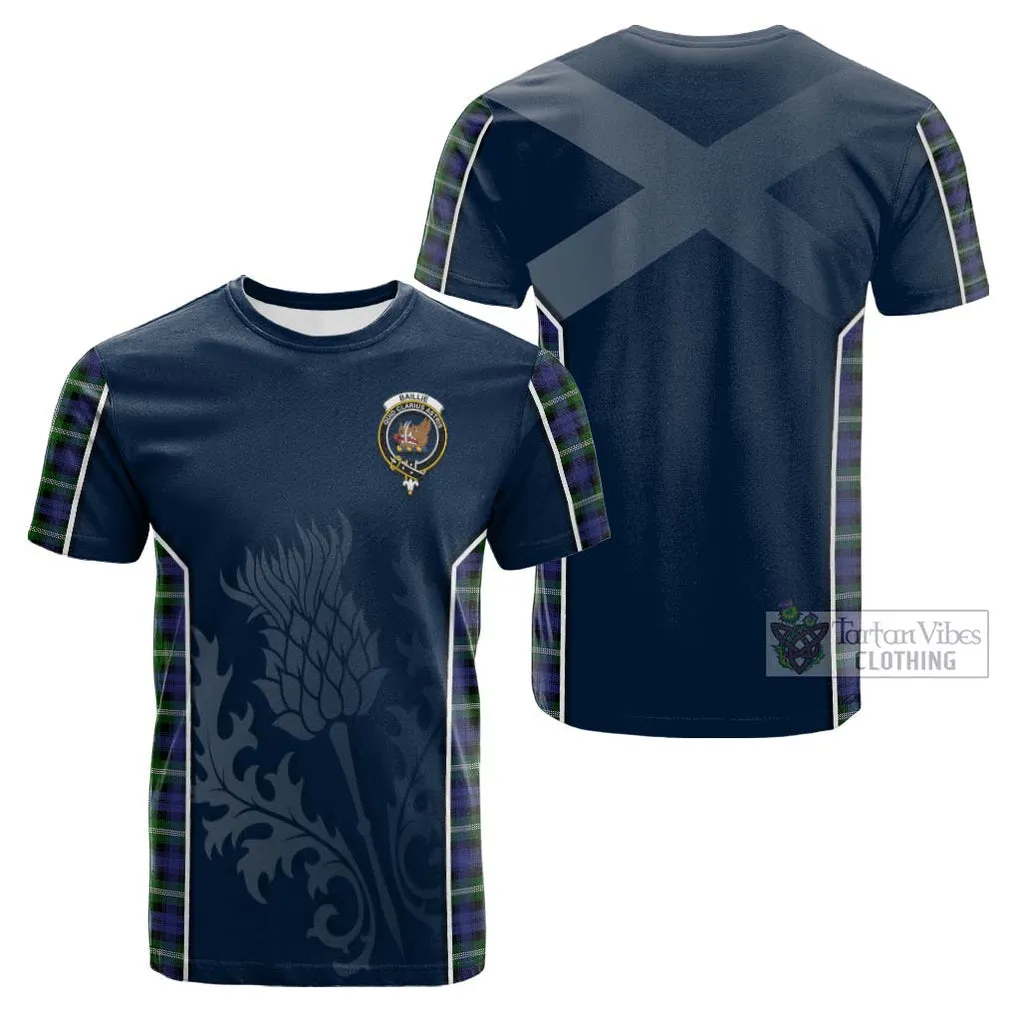 Baillie (Bailey) Tartan Cotton T-shirt with Family Crest and Scottish Thistle Vibes Sport Style