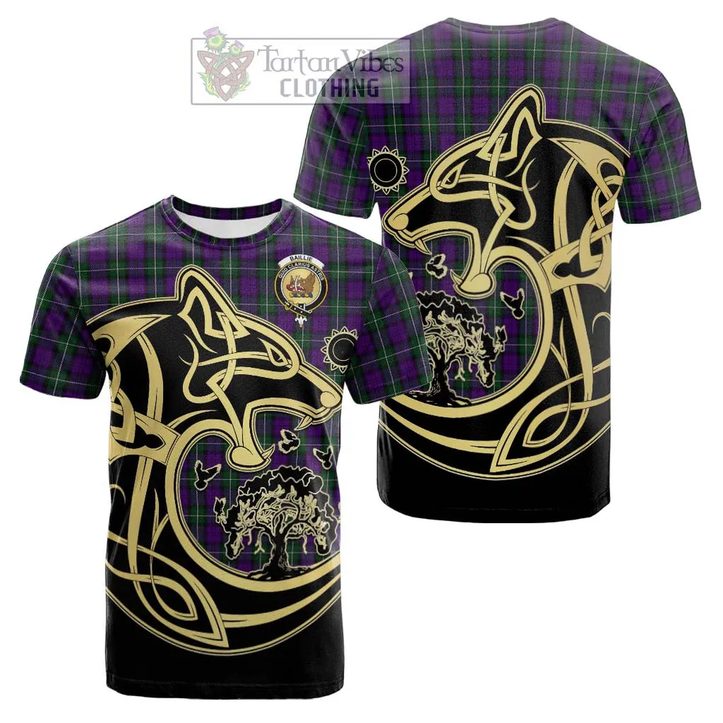 Baillie Highland Society Tartan Cotton T-shirt with Family Crest Celtic Wolf Style