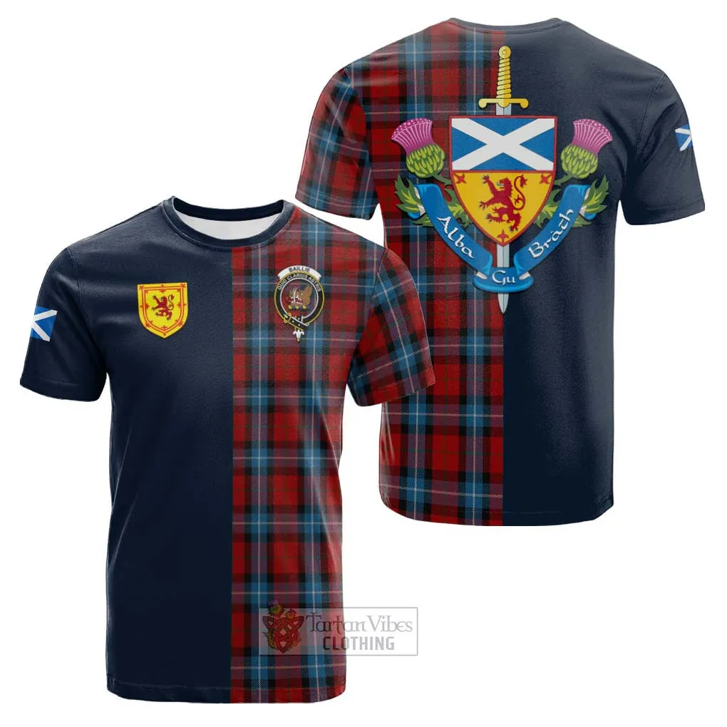 Baillie of Polkemmet Red Tartan Cotton T-shirt Alba with Scottish Lion Royal Arm Half Style