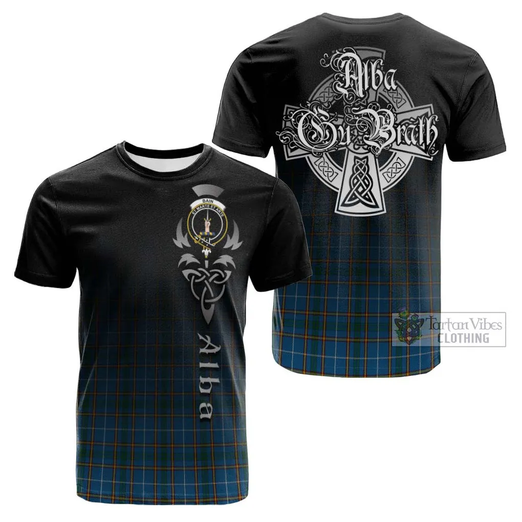 Bain Tartan Cotton T-shirt Featuring Alba Gu Brath Family Crest Celtic Inspired