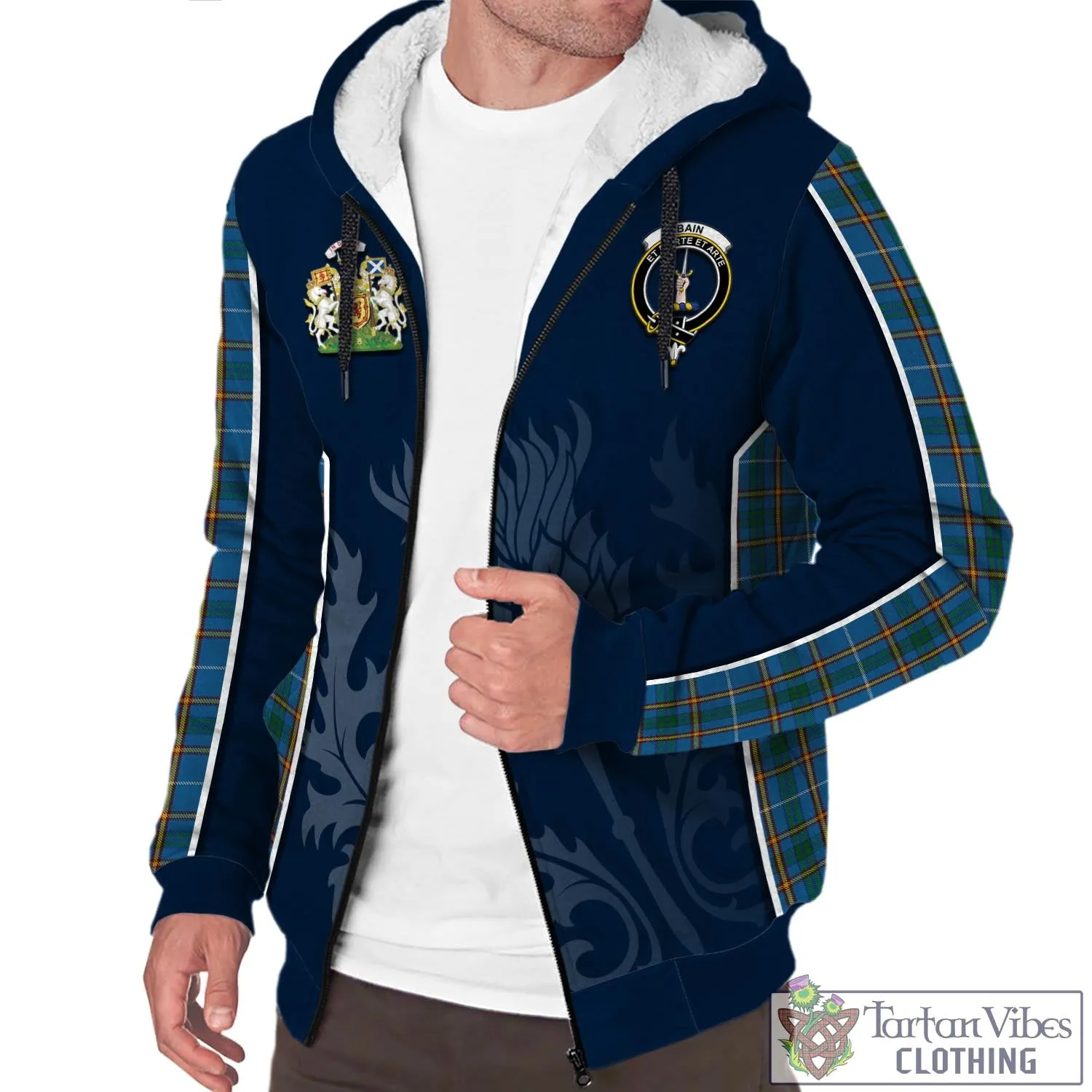 Bain Tartan Sherpa Hoodie with Family Crest and Scottish Thistle Vibes Sport Style