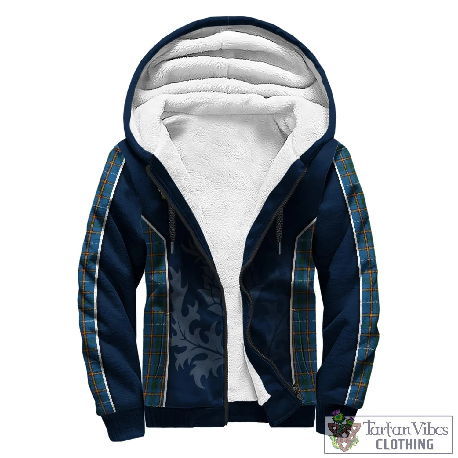 Bain Tartan Sherpa Hoodie with Family Crest and Scottish Thistle Vibes Sport Style