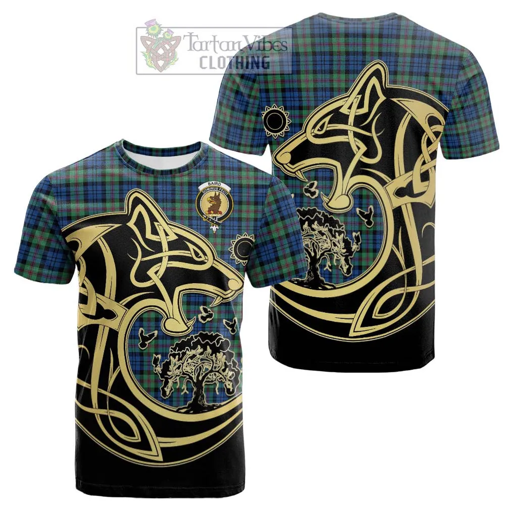 Baird Ancient Tartan Cotton T-shirt with Family Crest Celtic Wolf Style