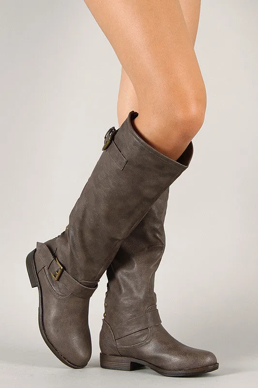 Bamboo Contrast Zipper Studded Riding Knee High Boot