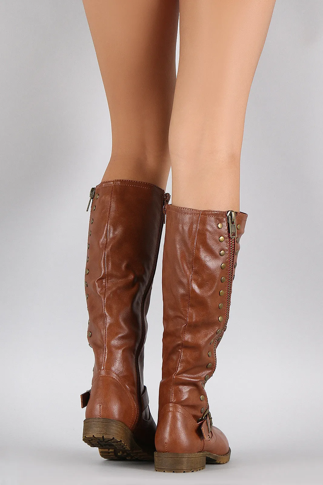 Bamboo Studded Contrast Zipper Riding Knee High Boots