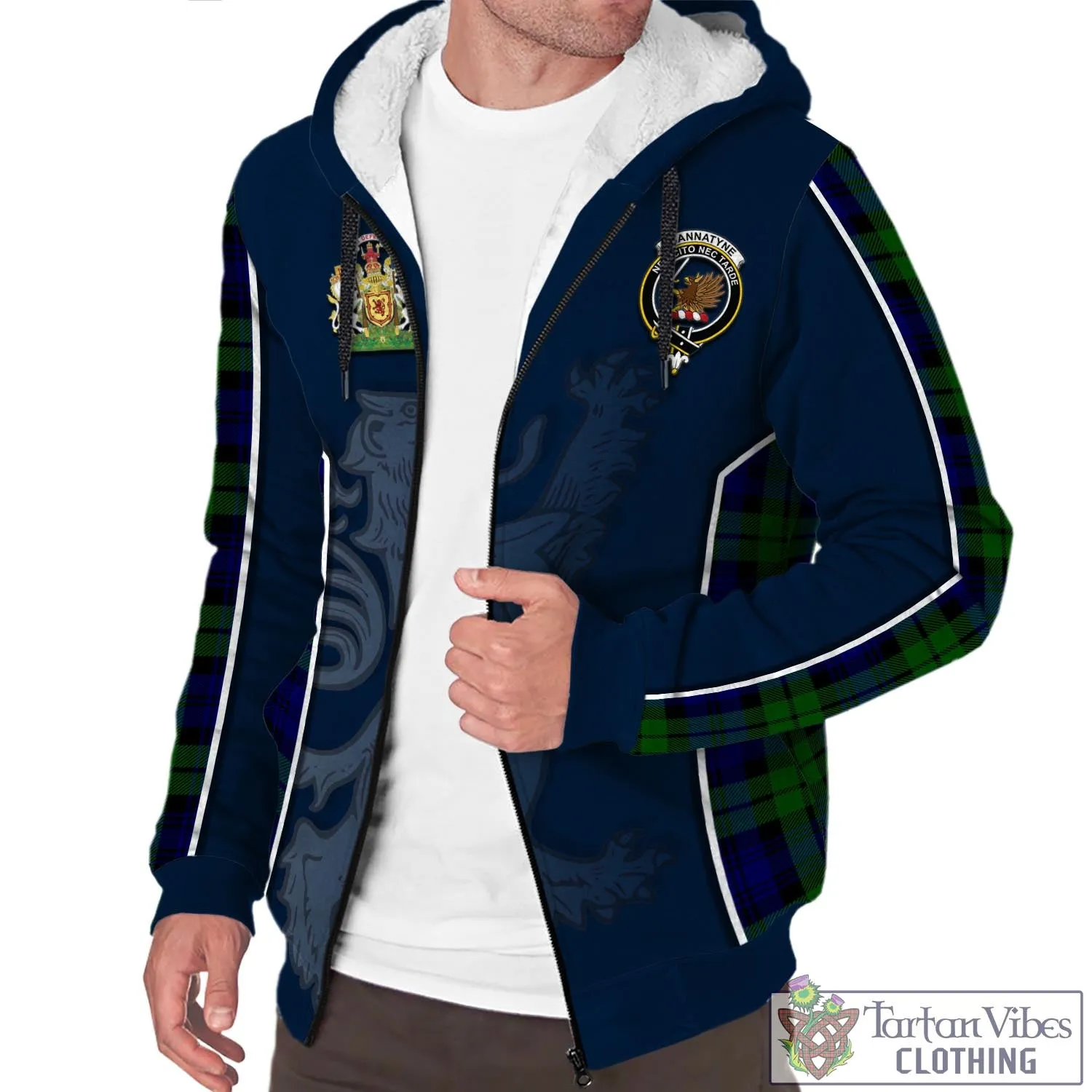 Bannatyne Tartan Sherpa Hoodie with Family Crest and Lion Rampant Vibes Sport Style