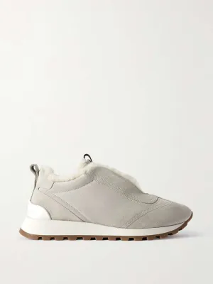 Bead-embellished shearling-trimmed suede slip-on sneakers