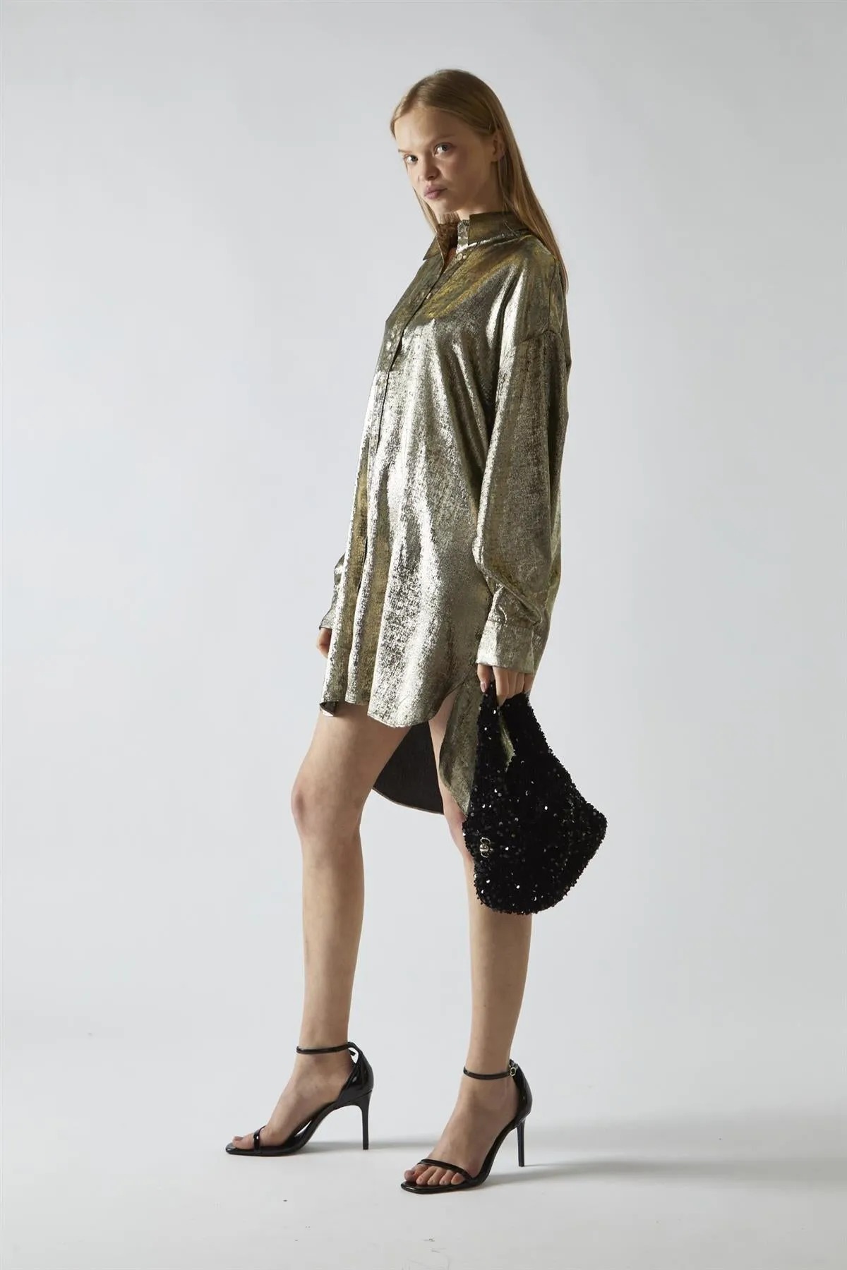 Black-Gold Metallic Hi-Low Shirt-Dress