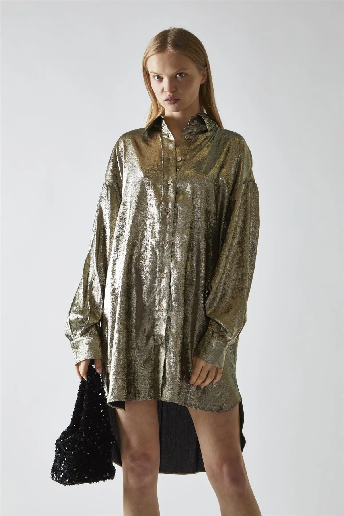 Black-Gold Metallic Hi-Low Shirt-Dress