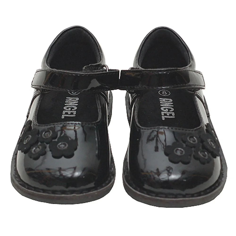 Black Patent Floral Mary Jane Fall Shoes, Sizes Baby Girls 4-Little Girls 12