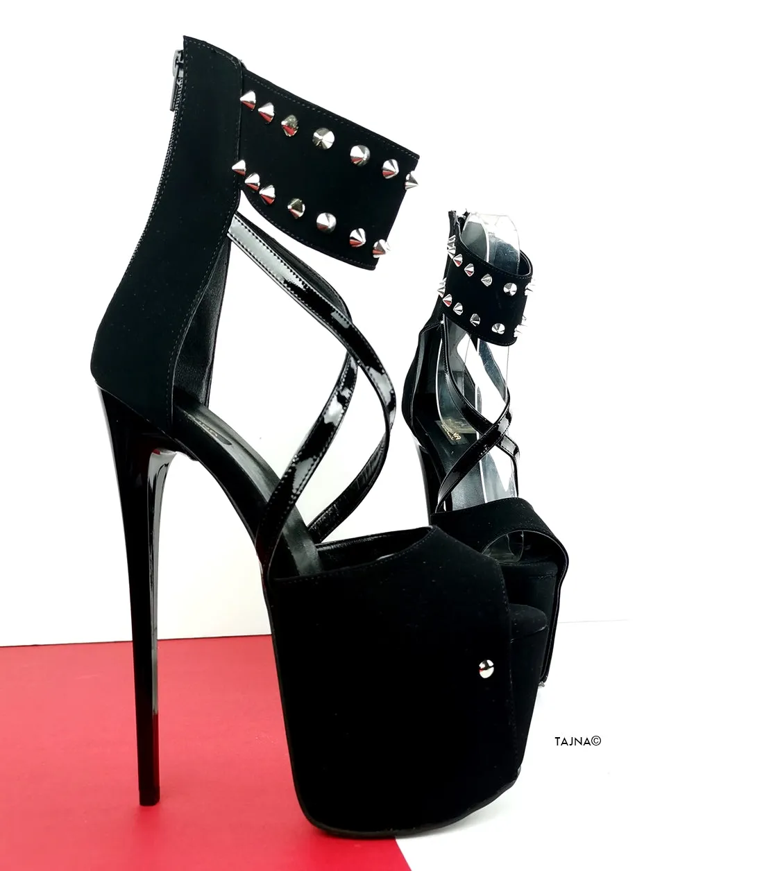 Black Suede Spike Strap High Heels