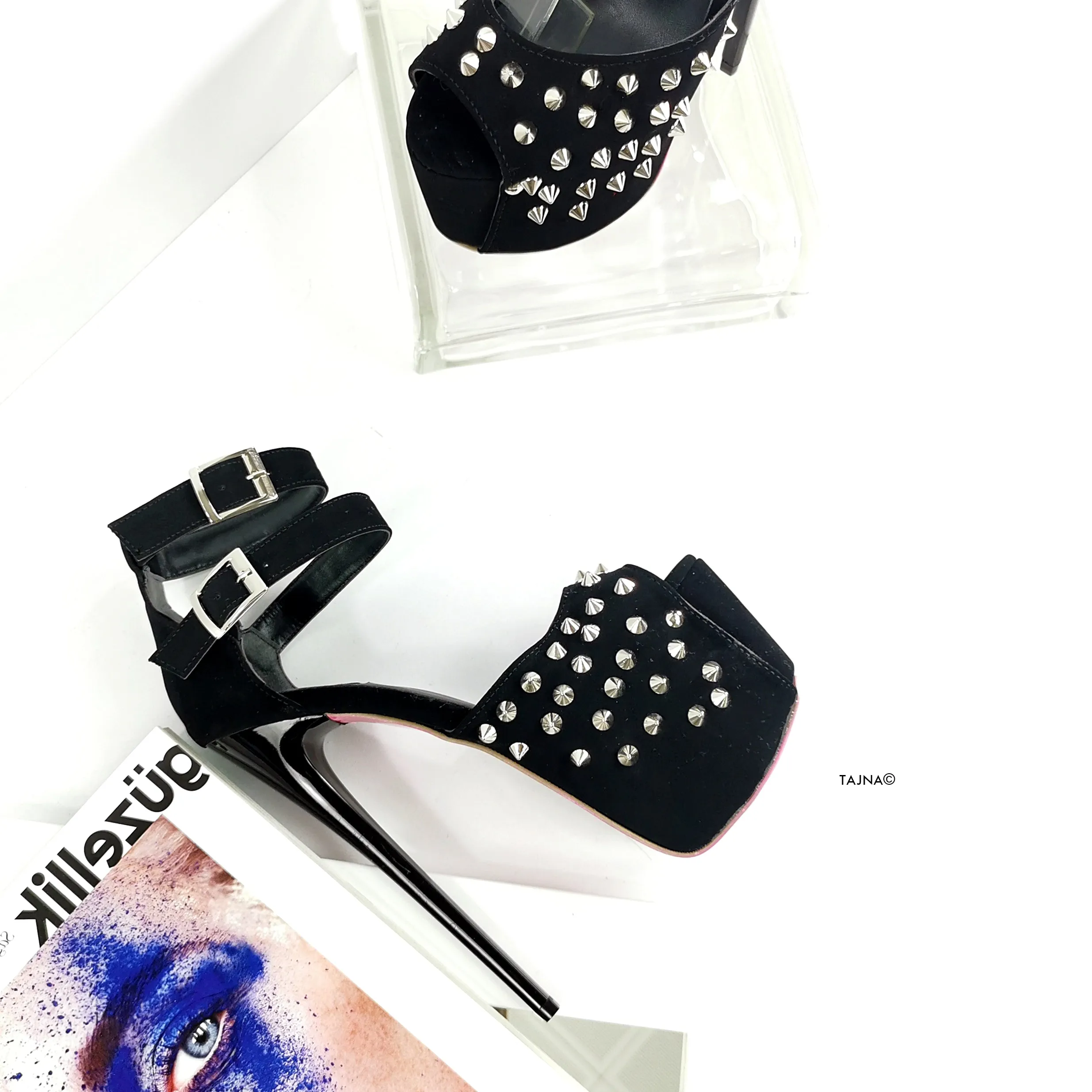 Black Suede Spike Studs Strap Heels