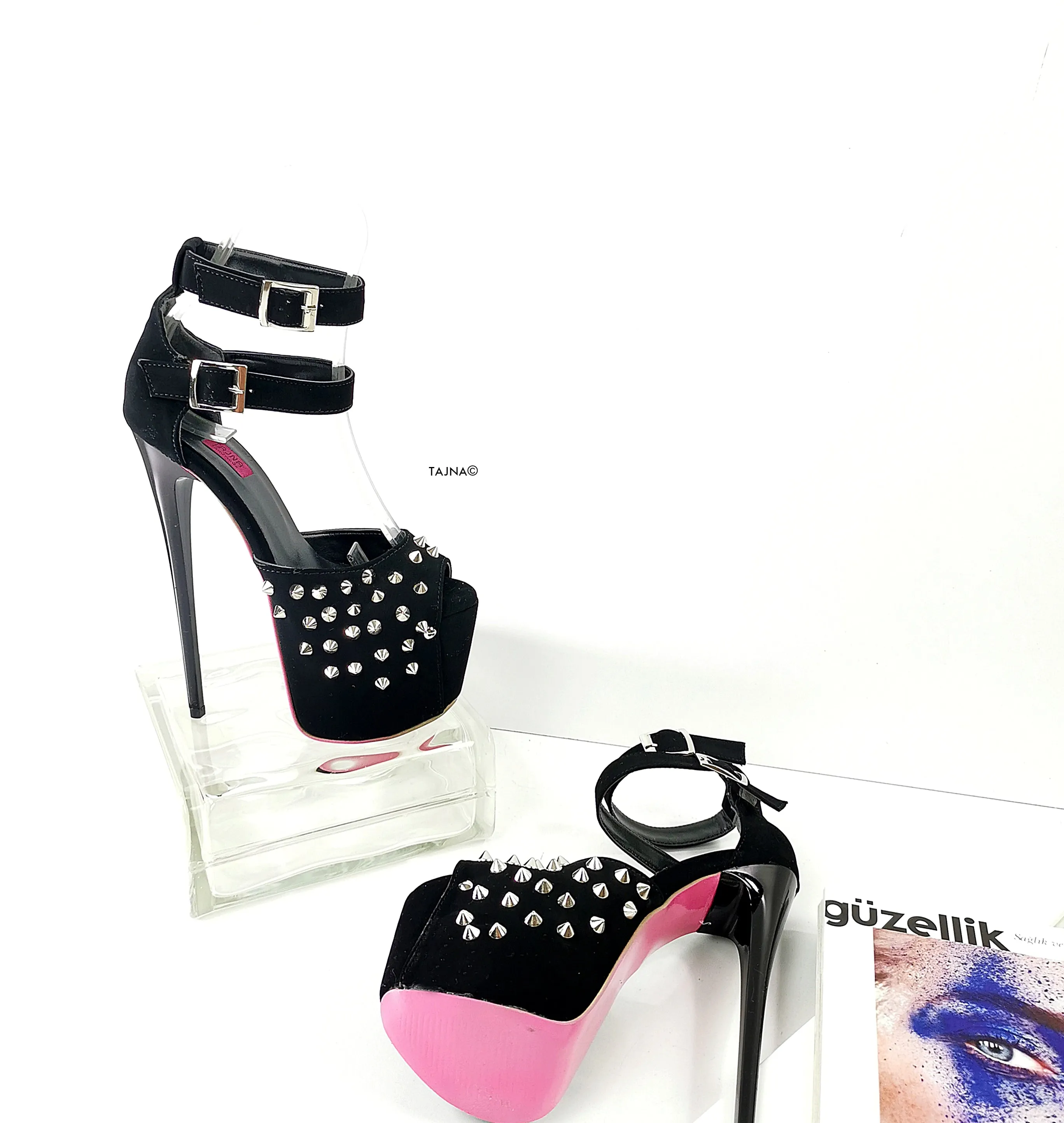 Black Suede Spike Studs Strap Heels