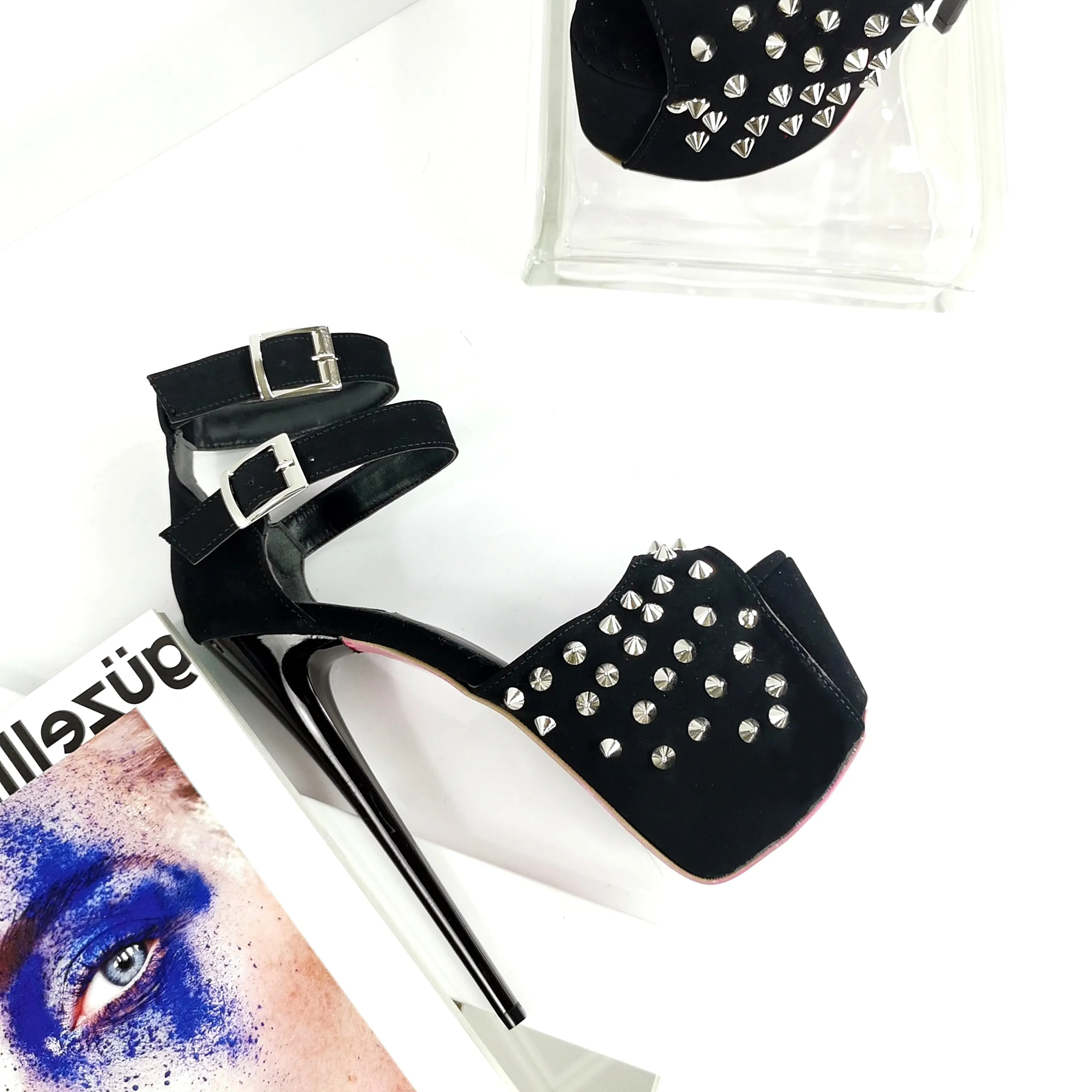 Black Suede Spike Studs Strap Heels