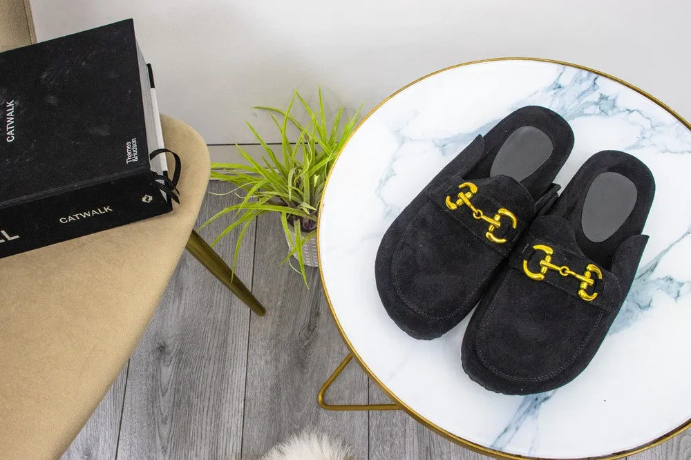 Black Suedette Buckle Mule Flat Loafers Shoes