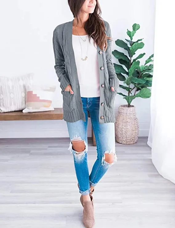 Block Khaki Women's Long Sleeve Cable Knit Sweater Open Front Cardigan Button Loose Outerwear - MEROKEETY