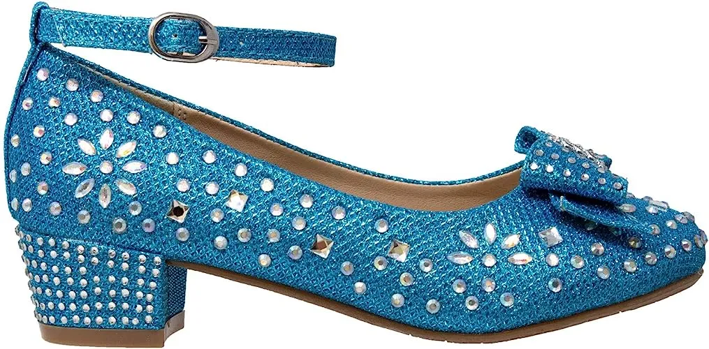 Blue Girl's Dress Shoes Glitter Rhinestone Bow Accent Mary Jane Kids Pumps